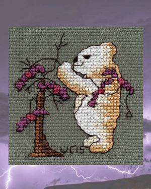 Halloween Cross Stitch Pattern of Teddy Bear hanging purple bat lights on a small tree for sale by American artist Wendy Christine at Raspberry Lane Crafts for sale buy purchase digital PDF download no shipping cost