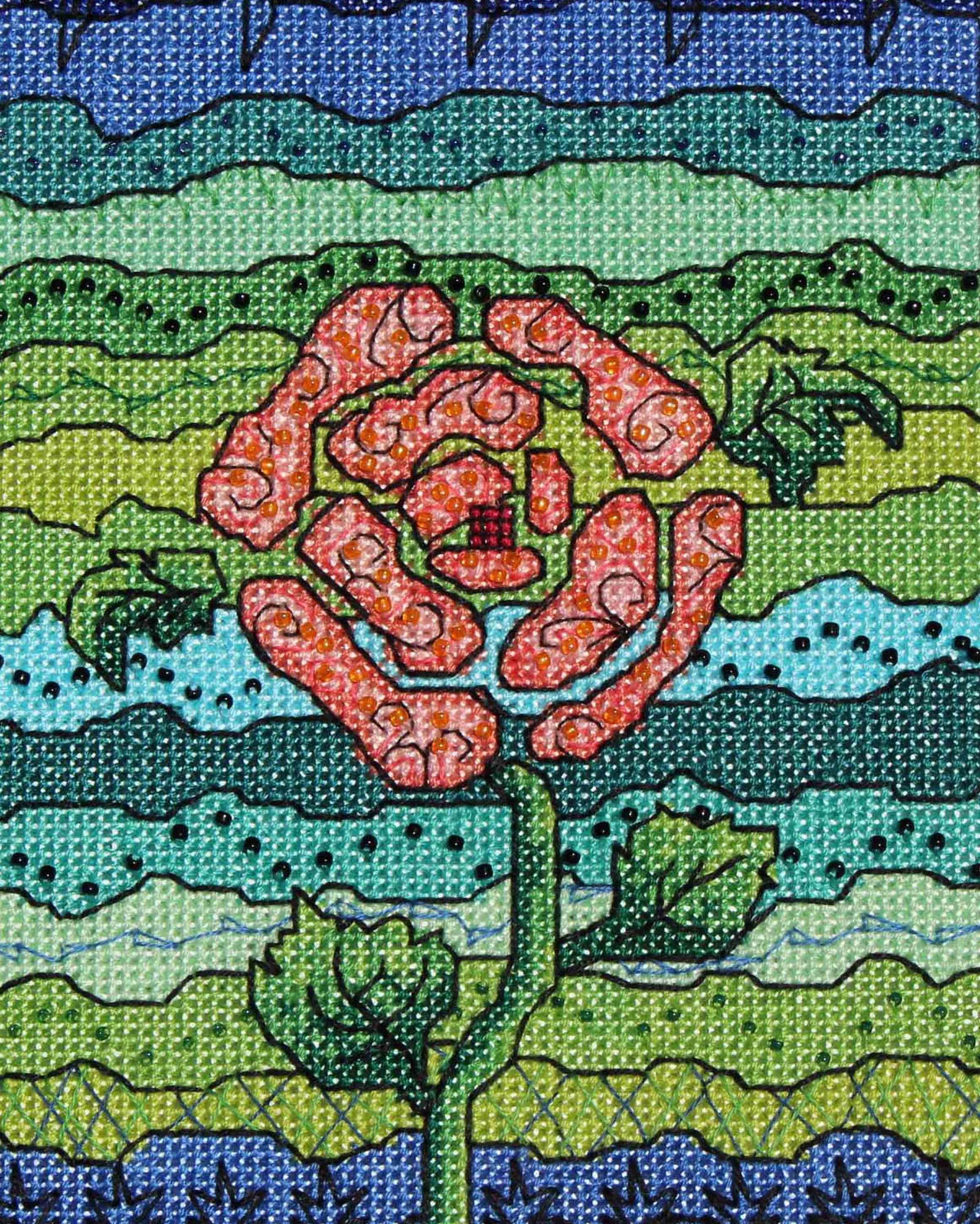 Blue Stone Beaded Cross Stitch Pattern features a pink rose with orange beads on a glorious background of greens, teals, aquas and blues outlined in stunning black.  PDF pattern download is available to buy at Raspberry Lane Crafts.  Cross Stitch adapted from The Art of Wendy Christine.  NEW May 2026