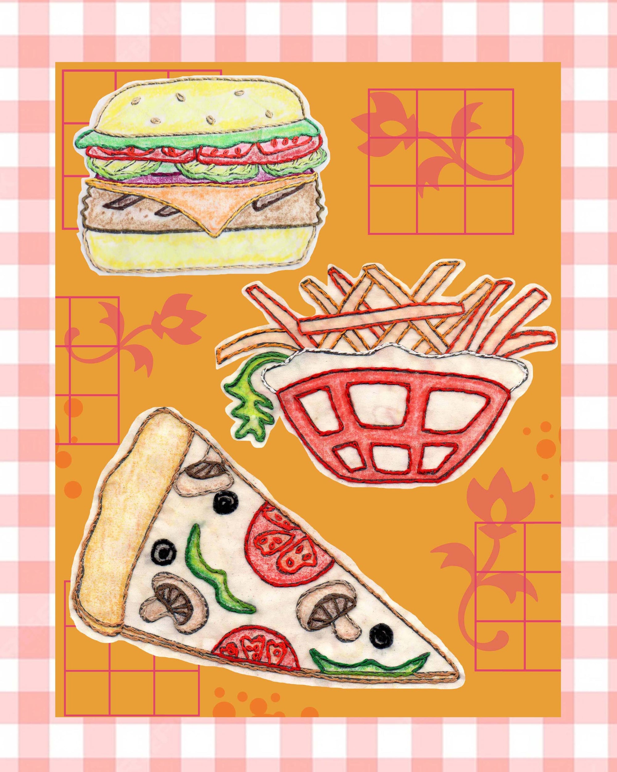 Embroidery Pattern for hamburger, french fries, and pizza digital download PDF for sale at Raspberry Lane Crafts