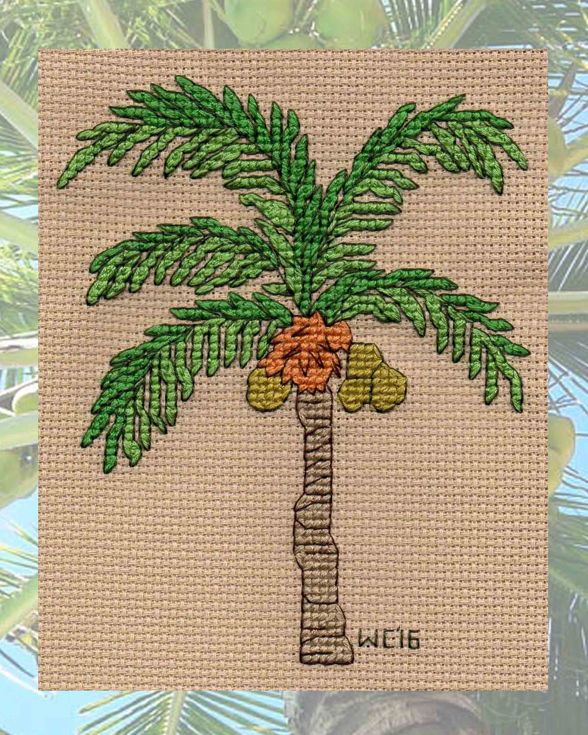Tropical coconut palm tree cross stitch pattern download PDF digital file for sale is part of the Tropical Palms Cross Stitch Collection of four palm trees by Wendy Christine at www.raspberrylanecrafts.com