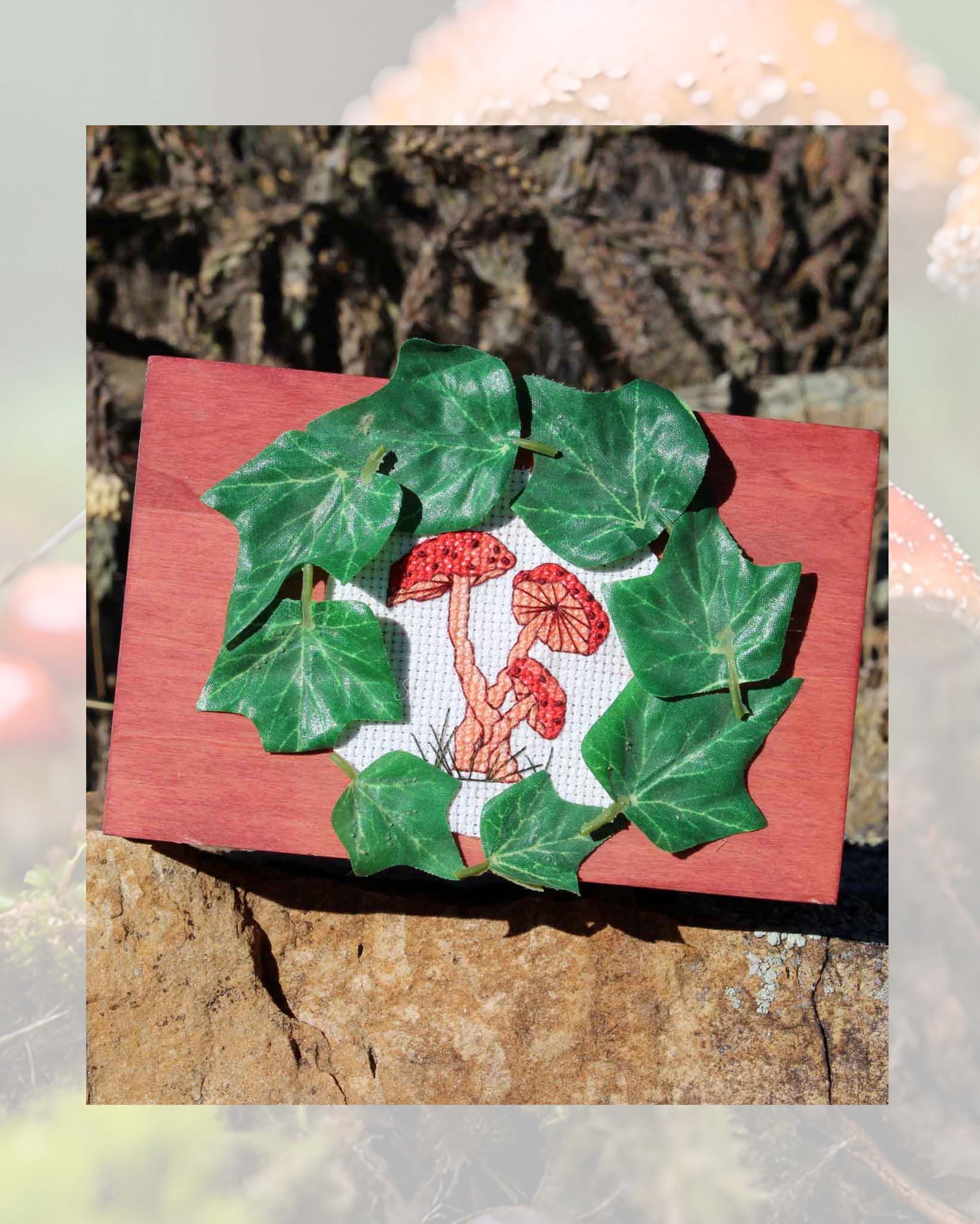 Red coral gilled mushrooms cross stitch pattern is one of six mushroom patterns for sale in the dance of mushrooms collection at Raspberry Lane Crafts.  Included are the directions for how to attach to a recipe box.  Designed by Wendy Christine at Raspberry Lane Crafts an American artist and designer. Made in the U.S.A.