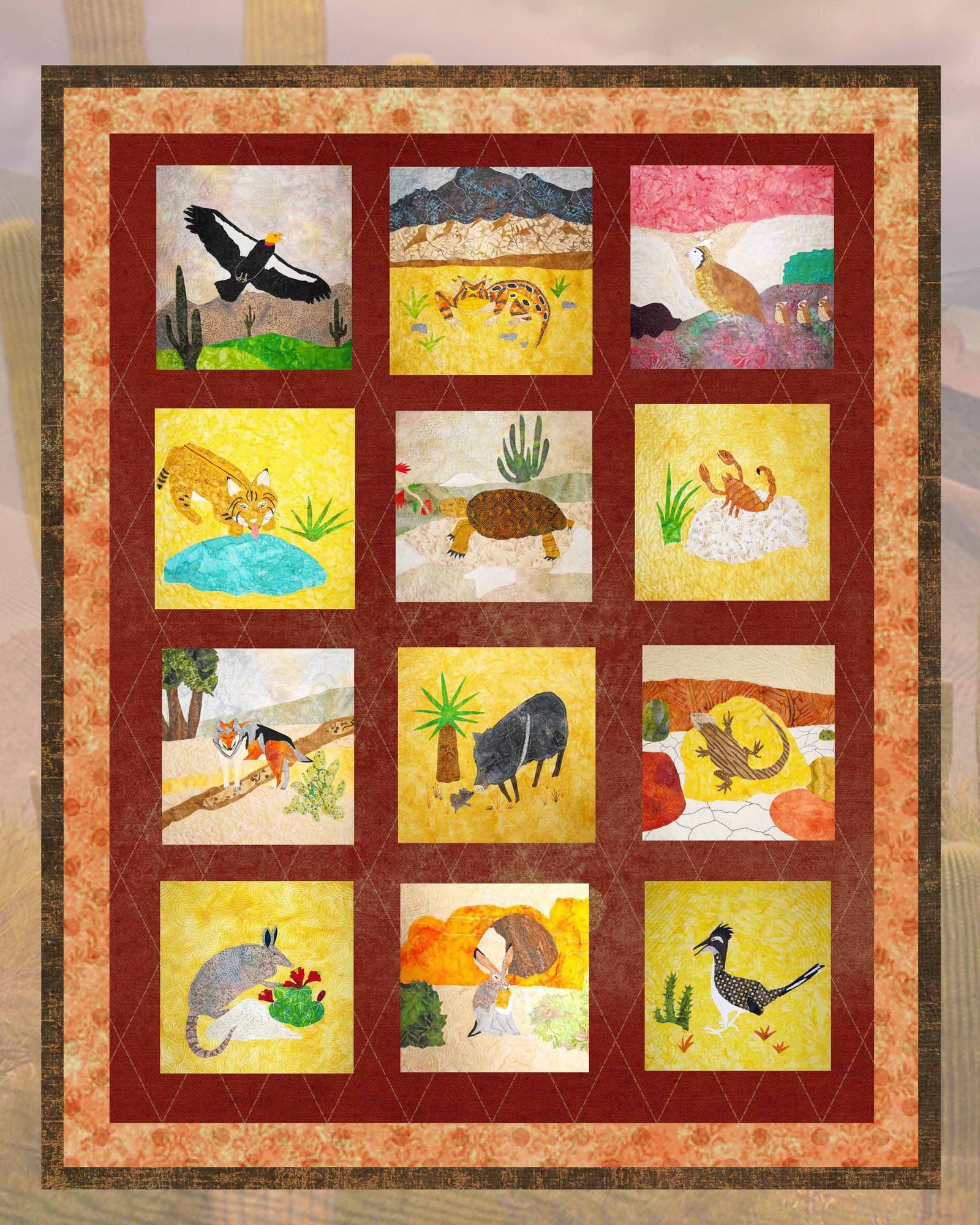 Desert Habitats Quilt Book Download by Wendy Christine at Raspberry Lane Crafts features 13 patterns of desert animals including lizards, quail, bobcat, scorpion, wolf, peccaries, road runner, California condor for sale buy purchase at www.raspberrylanecrafts.com