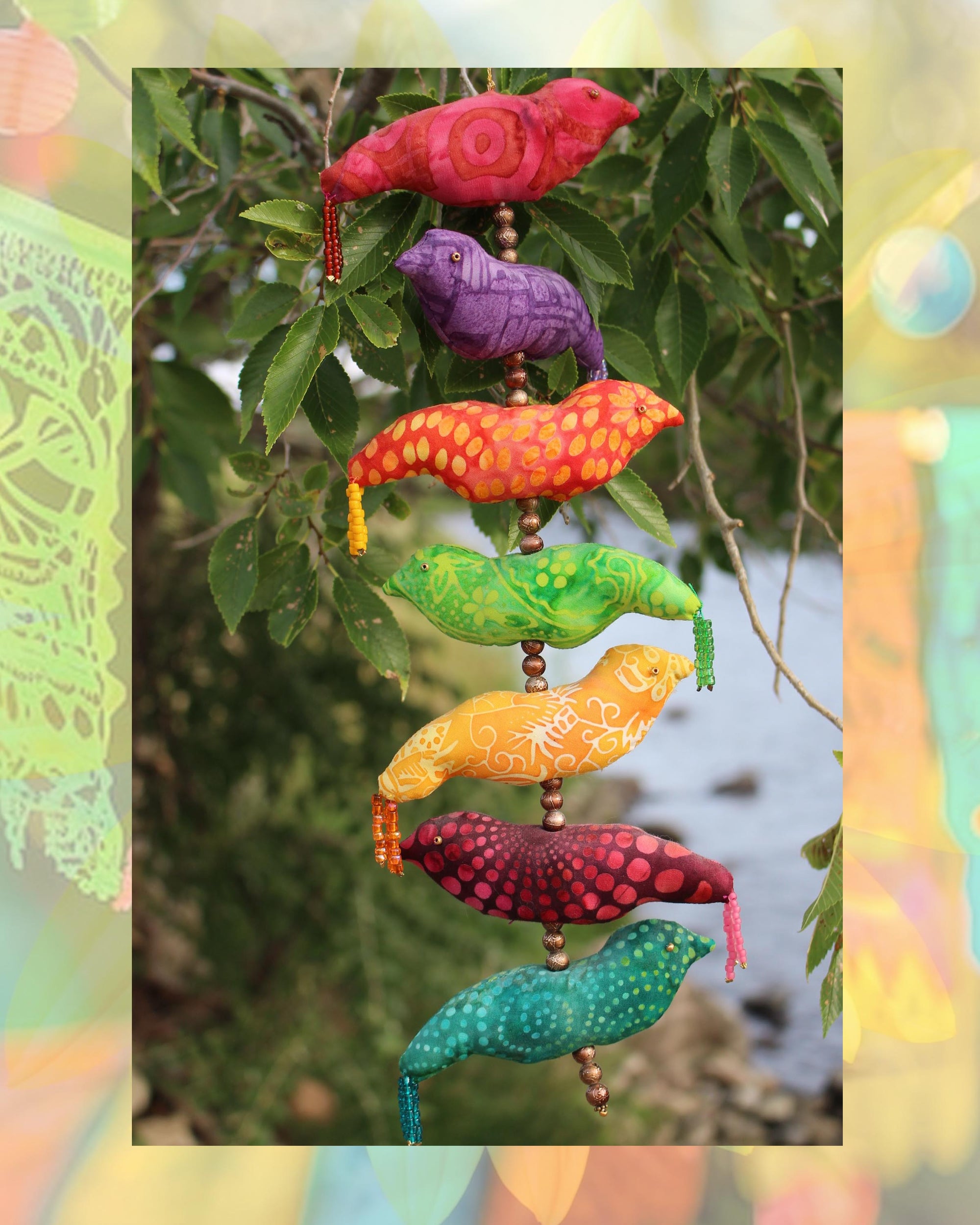 Southwest Mexican Art Ceiling Fan Pull Colorful Stuffed Birds with beaded tails and beads between sewing pattern Fiesta Birds quilting pattern for sale buy purchase download PDF digital file at Raspberry Lane Crafts www.raspberrylanecrafts.com by American artist Wendy Christine.  Thank you for buying our original patterns for sale no where else like facebook.com etsy.com amazon.com.  Made in the U.S.A. US