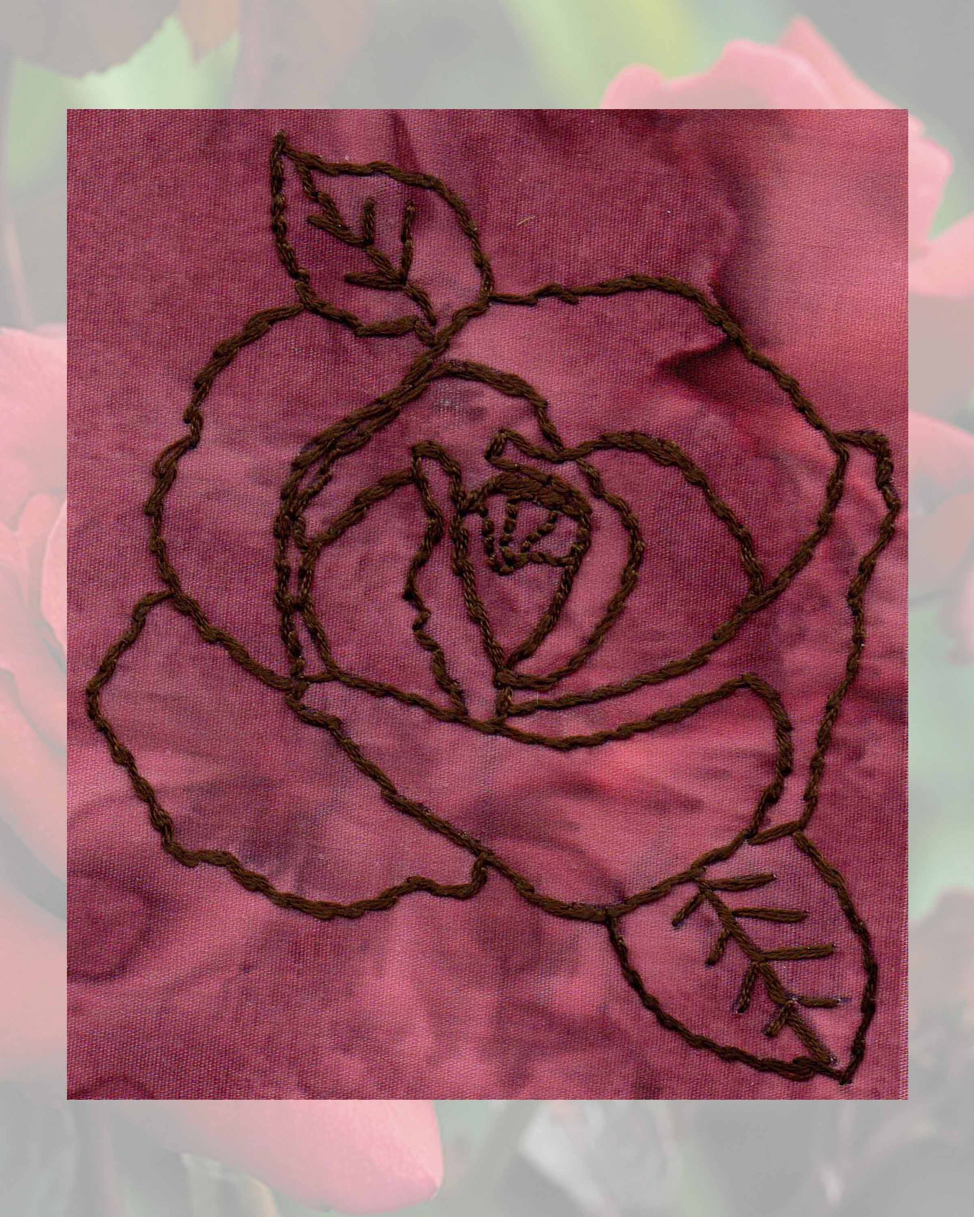Raspberry Lane Crafts Full Rose Embroidery Pattern PDF Download for Sale Buy Purchase contains a fully blooming rose with two leaves.  Design by Wendy Christine.  Found in Rose Blooms Embroidery Pattern of three designs.