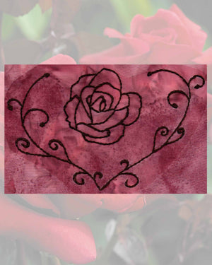 Raspberry Lane Crafts Heart Rose Embroidery Pattern PDF Download for sale buy purchase features a fully blooming rose with open heart filigree around it.  Design by Wendy Christine.  One of three patterns included in the Rose Blooms Embroidery Pattern.