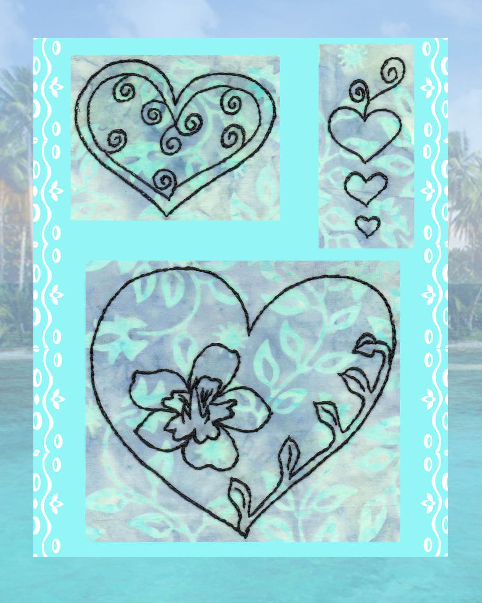 Valentine's Day heart embroidery pattern features hearts with swirls, three hearts, and a heart with flower and leaves designed by American designer Wendy Christine at Raspberry Lane Crafts for sale PDF digital download free shipping
