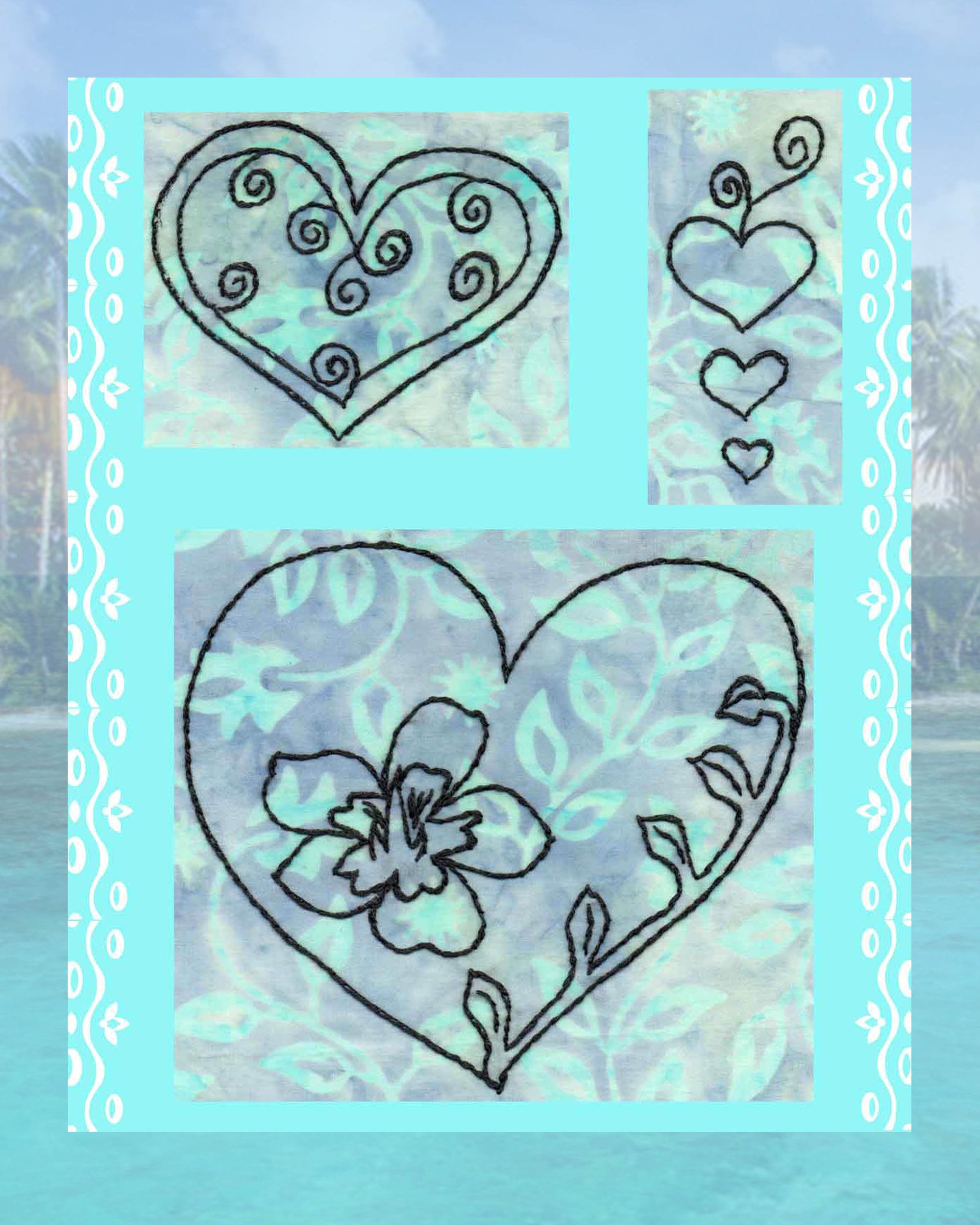 Valentine's Day heart embroidery pattern features hearts with swirls, three hearts, and a heart with flower and leaves designed by American designer Wendy Christine at Raspberry Lane Crafts for sale PDF digital download free shipping