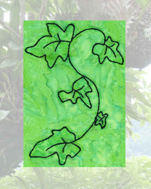 Ivy leaves embroidery design features five ivy leaves on a curvy vine embroidered on a green batik fabric is part of the Verdant Leaves Embroidery Pattern three designs available at Raspberry Lane Crafts www.raspberrylanecrafts.com