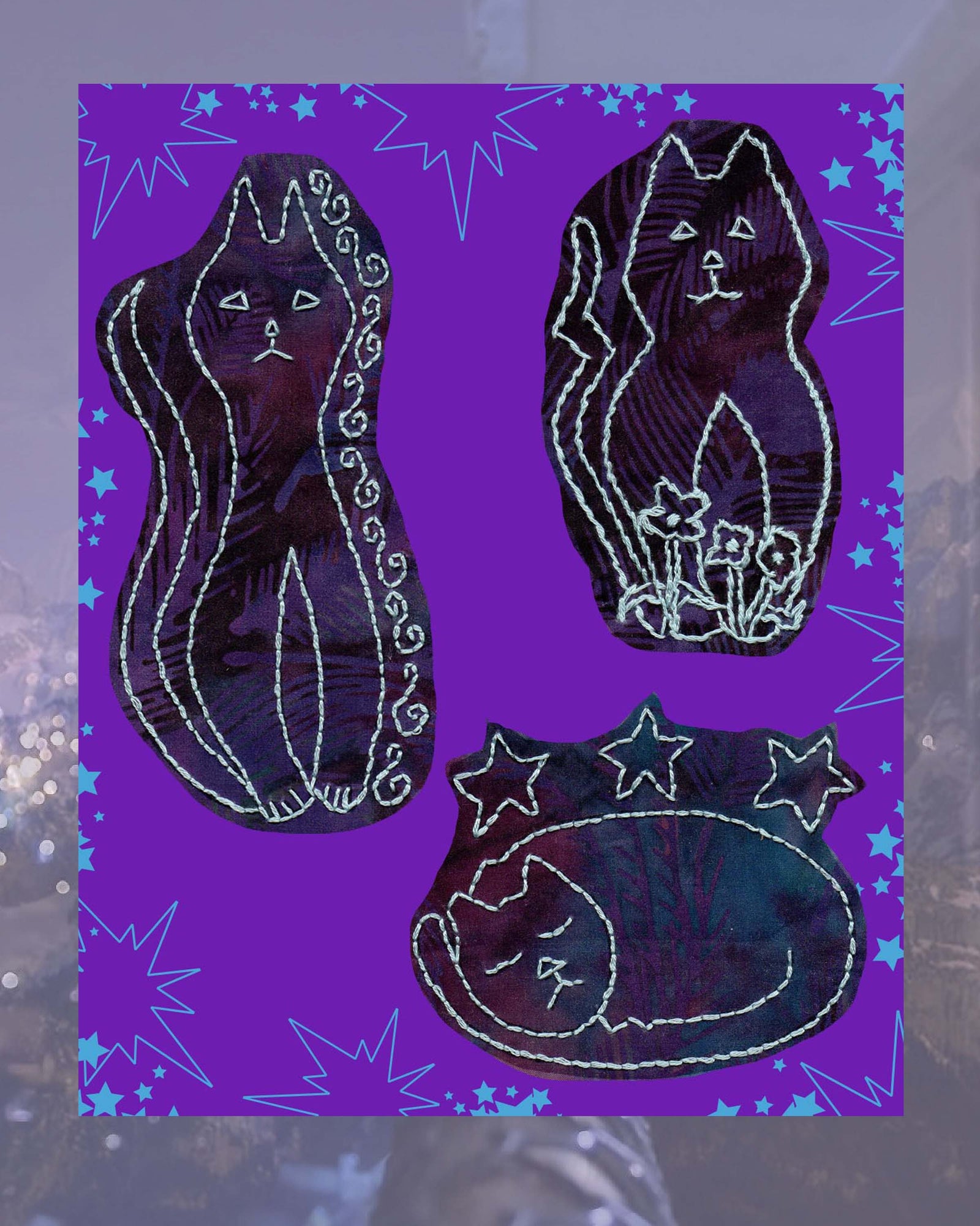 Three fun cat embroidery patterns featuring tall cat with swirls cat with tail and three flowers and sleeping cat with three stars by Wendy Christine American artist at Raspberry Lane Crafts Sewing is Sooooo Fun!
