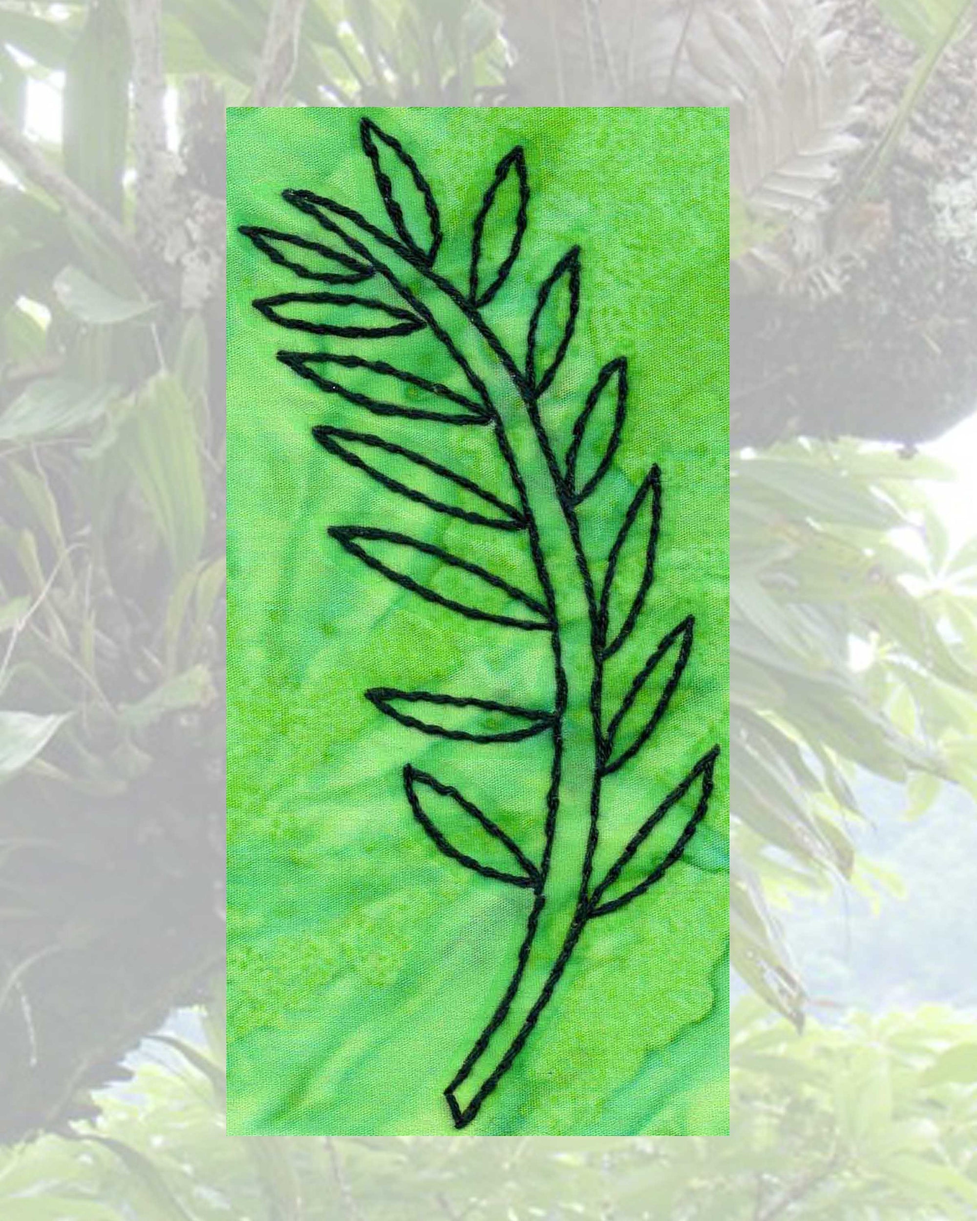 Leaves on a stalk embroidery design features a long row of ovoid leaves pinnate on a curved stem.  Leaf Branch is part of three PDF download pattern Verdant Leaves Embroidery Pattern available to purchase buy at Raspberry Lane Crafts www.raspberrylanecrafts.com designed by American artist Wendy Christine.  Thank you for shopping at Raspberry Lane Crafts!