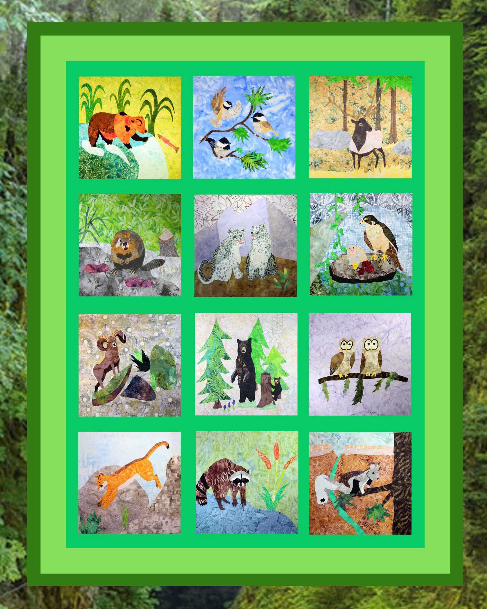 Mountain Habitats Collection A Wilderness Animals Quilt Book Download by Wendy Christine at Raspberry Lane Crafts includes 13 patterns including bears, raccoon, peregrine falcon, mountain birds chickadees, ram, elk quilt block patterns printable downloadable PDF digital file