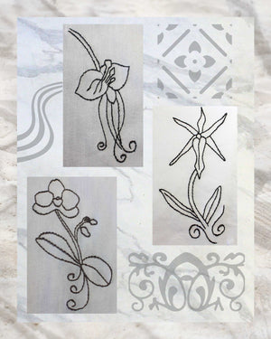 Raspberry Lane Crafts pattern company is selling three orchid embroidery patterns including Black Orchid, Orchid Love and Orchid Majesty download PDF digital file for sale buy purchase by Wendy Christine American artist for sale internationally.  Thank you!