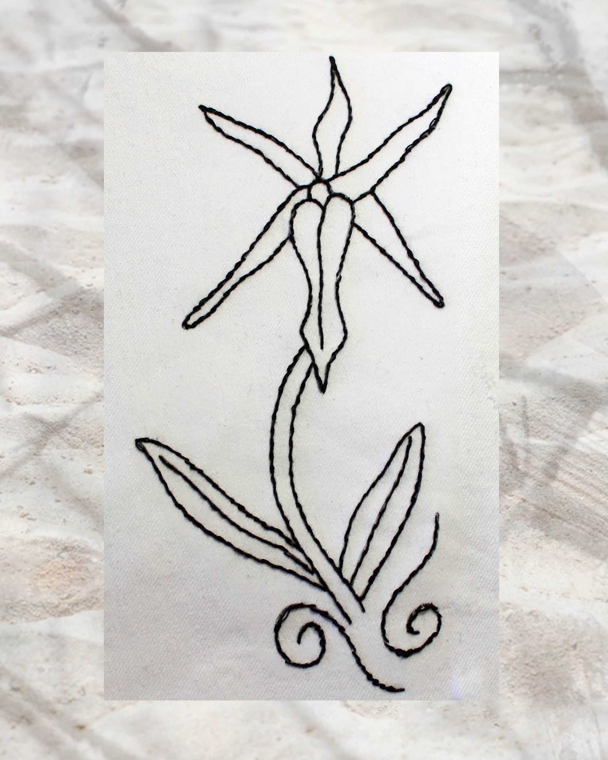 Raspberry Lane Crafts Orchid Love Embroidery Pattern PDF Download for sale buy purchase features a spiky petal orchid with stem leaves and curly swirls.  Design by Wendy Christine American Artist and Designer.  Orchid Fragrance Embroidery Pattern features three orchid patterns.
