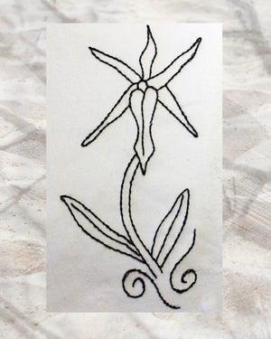 Raspberry Lane Crafts Orchid Love Embroidery Pattern PDF Download for sale buy purchase features a spiky petal orchid with stem leaves and curly swirls.  Design by Wendy Christine American Artist and Designer.  Orchid Fragrance Embroidery Pattern features three orchid patterns.