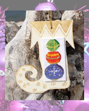 Christmas ornaments cross-stitch pattern Gothic Ornaments features three patterns.  Purple, orange, and green orb ornaments decorated with gold thread DMC metallic floss hot-glued on stocking shaped wooden ornament pattern for sale by Wendy Christine American Artist at Raspberry Lane Crafts PDF digital download for sale