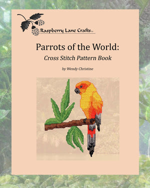 Six parrot cross stitch patterns for sale in Parrots of the World Cross Stitch Pattern Book by Wendy Christine digital PDF download includes Amazon parrot, Spixs Macaw, Indigo Macaw, Scarlet Macaw, Sun Conure and Black Cockatoo.  Thank you for supporting a minority-owned business.  