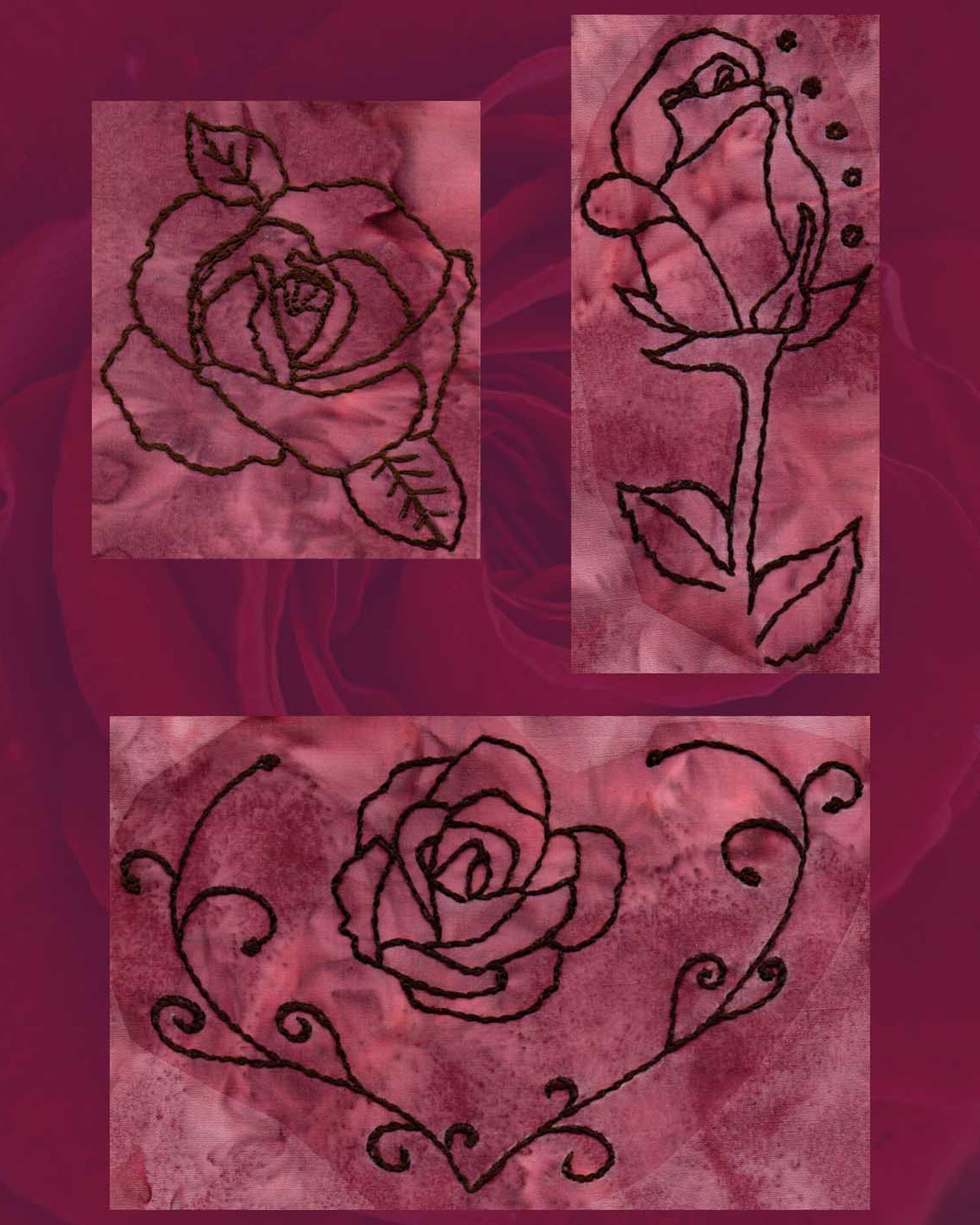 Raspberry Lane Crafts Three Rose Embroidery Designs PDF Downloads for sale buy purchase Bubble Rose Full Rose Heart Rose designed by Wendy Christine.