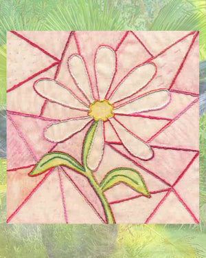 Raspberry Lane Crafts White Sunflower with yellow center and green stem with leaves embroidery with cracked stained glass PDF download for sale buy purchase. Design by Wendy Christine American artist and designer.