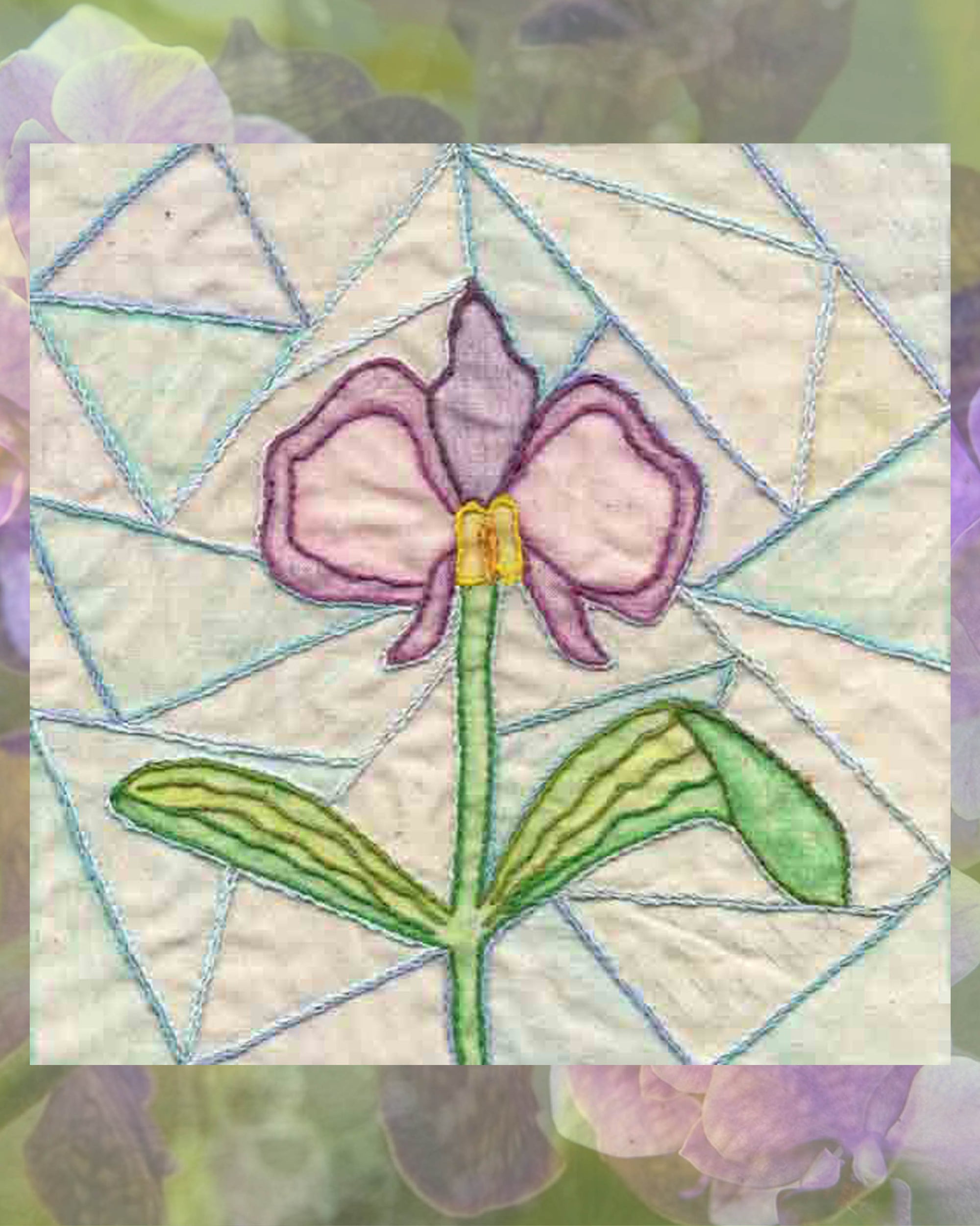 Raspberry Lane Crafts Purple Iris with yellow center and green leaves and stem on stained glass embroidery design pattern PDF download for sale buy purchase.  Designed by Wendy Christine.