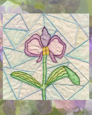 Raspberry Lane Crafts Purple Iris with yellow center and green leaves and stem on stained glass embroidery design pattern PDF download for sale buy purchase.  Designed by Wendy Christine.