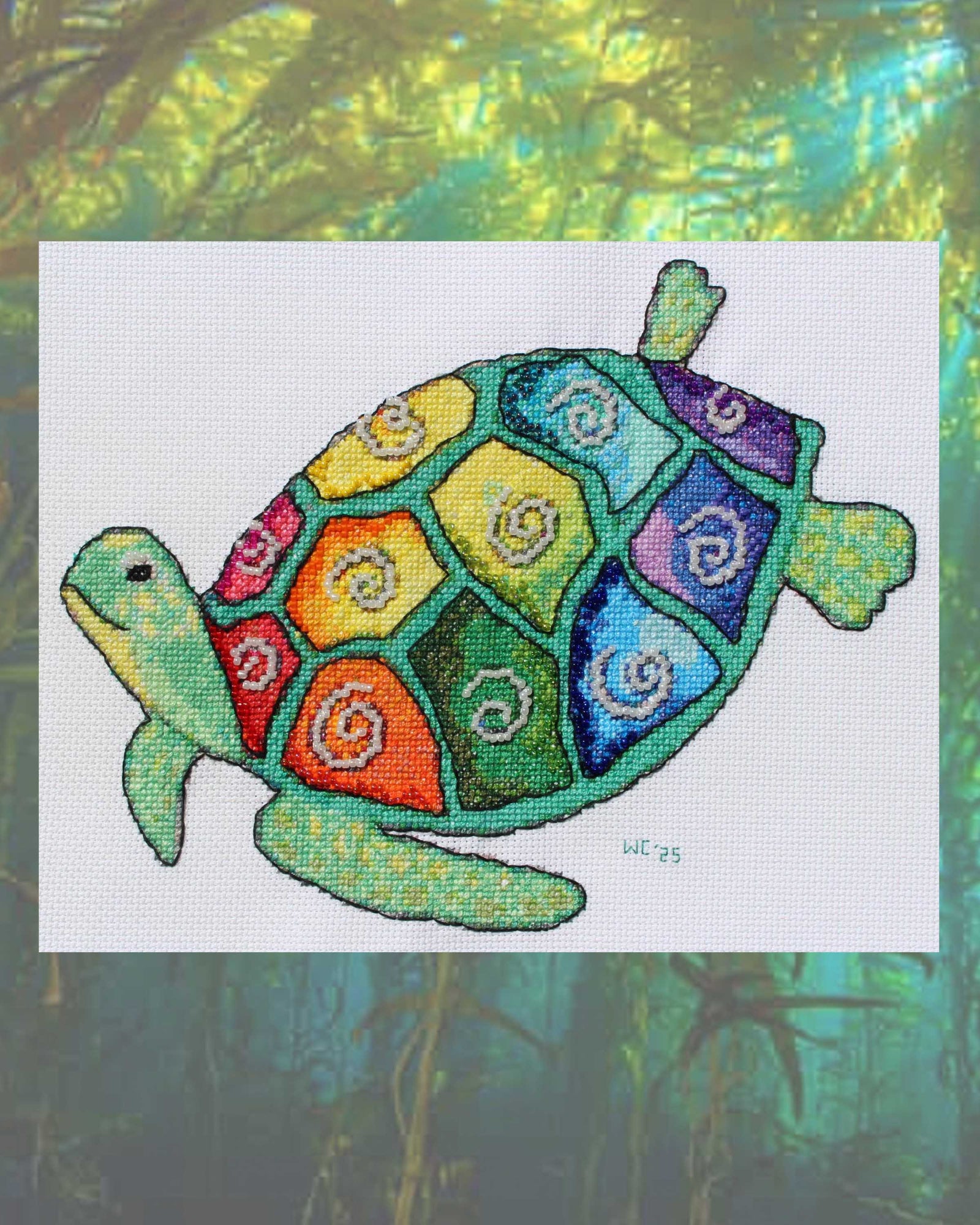 Raspberry Lane Crafts Sparkling Sea Turtle Cross Stitch Pattern PDF Download includes features an aqua turtle with a rainbow of different colored spots and pearl white swirls on each spot.  DMC floss guide and beading guide are included.  Designed by Wendy Christine American designer.  Available to purchase buy internationally.  Thanks for your purchase.