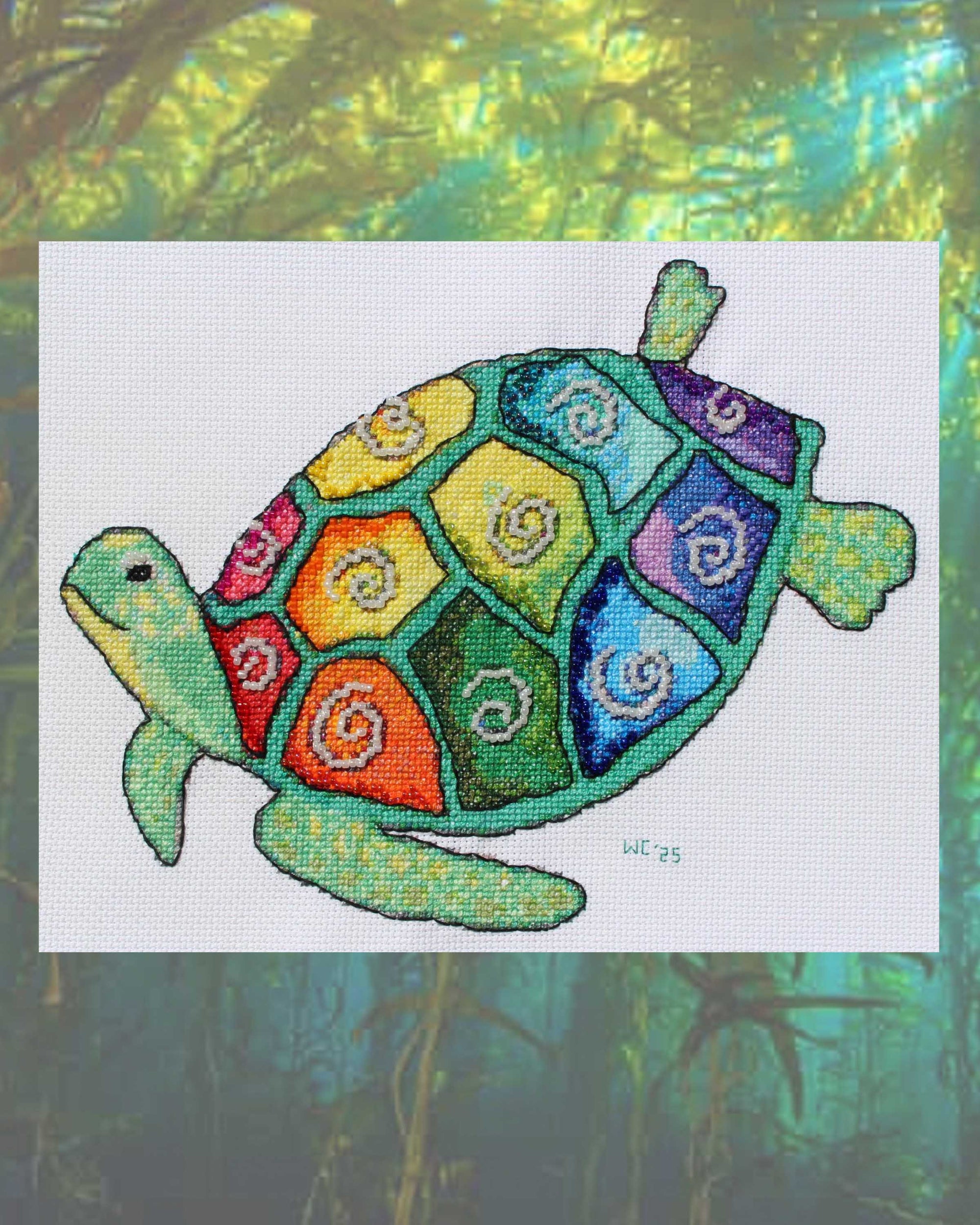 Raspberry Lane Crafts Sparkling Sea Turtle Cross Stitch Pattern PDF Download includes features an aqua turtle with a rainbow of different colored spots and pearl white swirls on each spot.  DMC floss guide and beading guide are included.  Designed by Wendy Christine American designer.  Available to purchase buy internationally.  Thanks for your purchase.