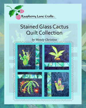 Raspberry Lane Crafts Stained Glass Cactus Quilt Collection Book Download for Sale by Wendy Christine includes four cactus quilt block patterns prickly pear, agave, ric rac cactus and purple cactus.  Visit us at www.raspberrylanecrafts.com