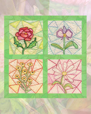 Embroidery Pattern of Stained Glass Flowers includes a rose, iris, wildflowers and daisy four designs by Wendy Christine in digital download PDF format for sale buy purchase at Raspberry Lane Crafts