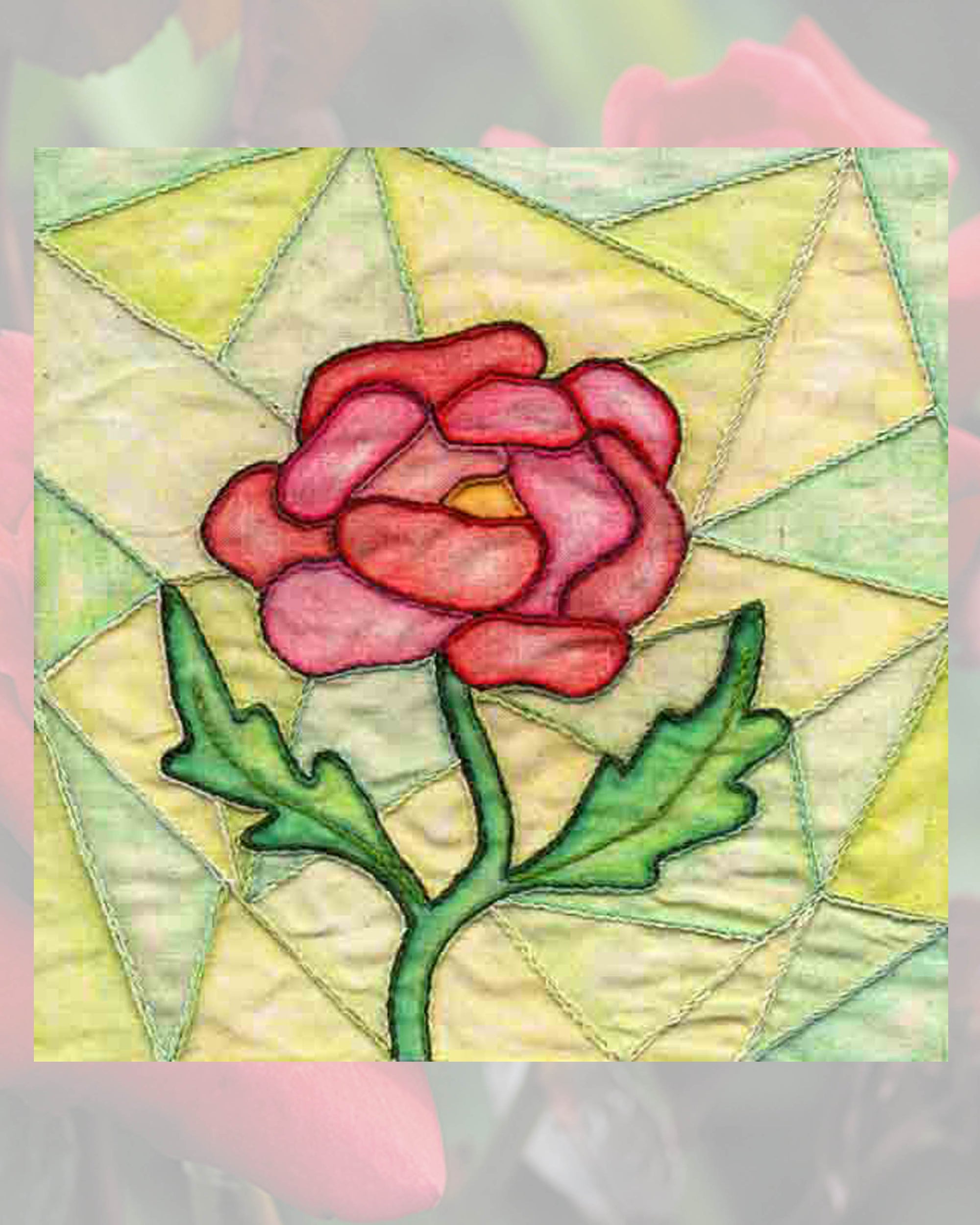 Raspberry Lane Crafts Red Rose with Orange center and pine green stem and leaves on stained glass design embroidery pattern PDF download for sale buy purchase is part of Stained Glass Flowers Embroidery.  Design by Wendy Christine.