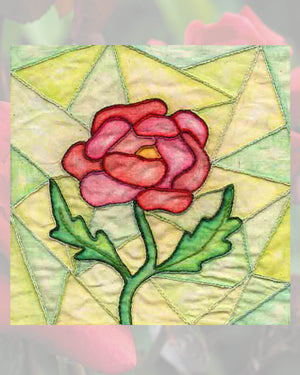 Raspberry Lane Crafts Red Rose with Orange center and pine green stem and leaves on stained glass design embroidery pattern PDF download for sale buy purchase is part of Stained Glass Flowers Embroidery.  Design by Wendy Christine.