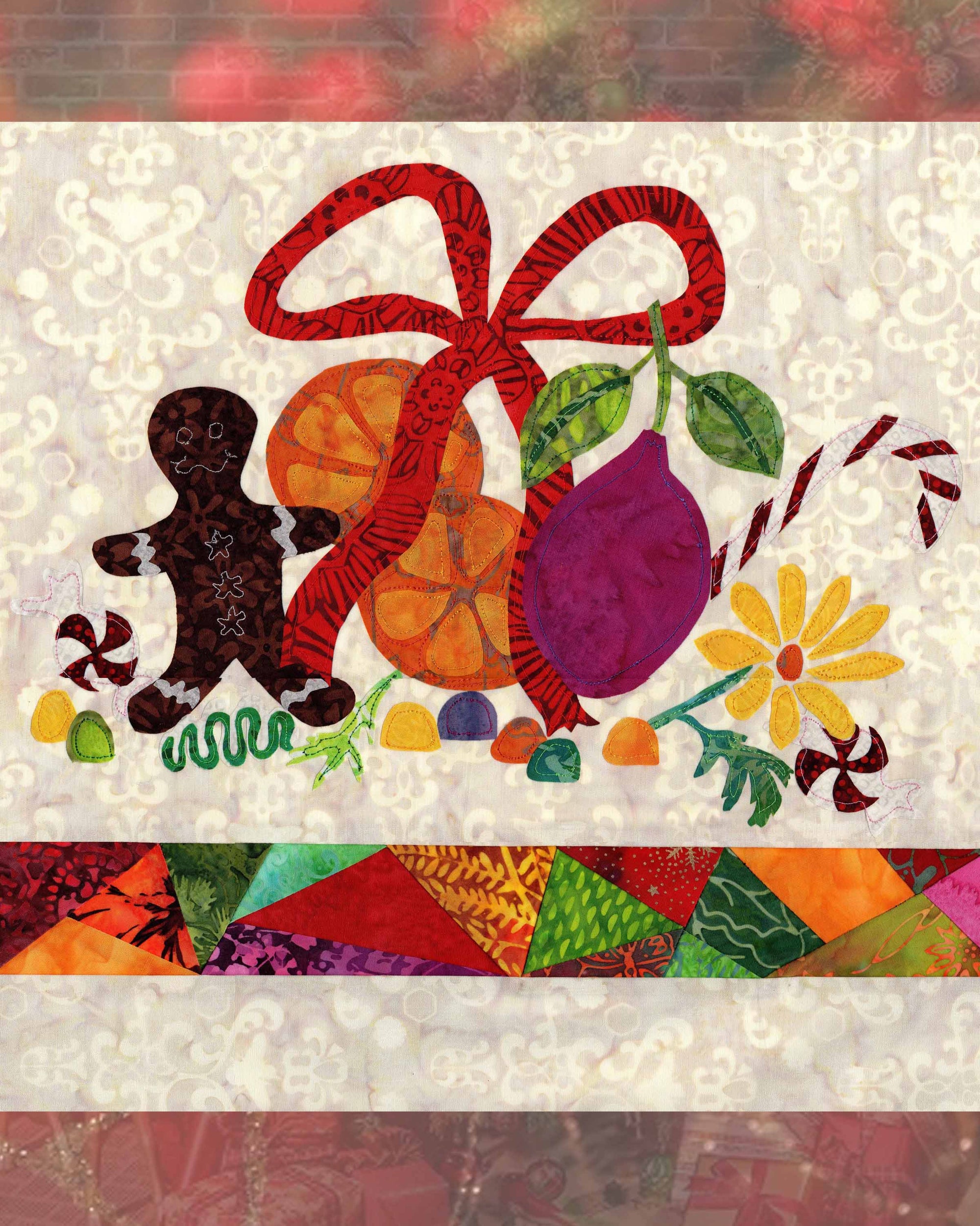 Christmas Quilt Block Pattern Sugared Plums with Stained Glass by Raspberry Lane Crafts features a gingerbread cookie man, sugar plum with green stem, sliced oranges, yellow daisy flower, peppermint round candies and candy cane, gumdrops and ribbon candy with red bow.  For sale buy purchase PDF download pattern at www.raspberrylanecrafts.com by American artist Wendy Christine