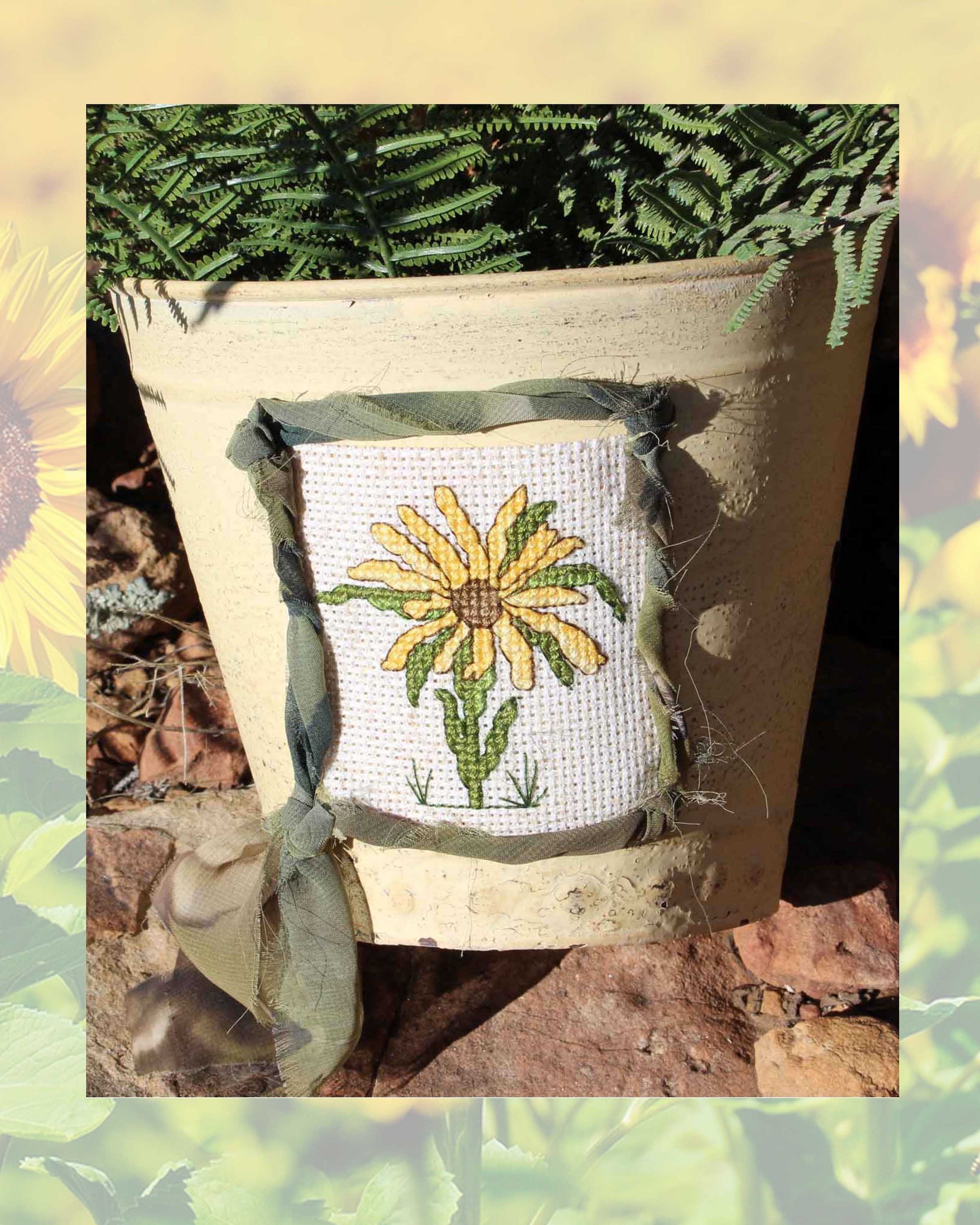 Yellow Sunflower Cross Stitch Pattern digital download PDF with vase pattern directions for sale in the Antique Flowers Cross-Stitch Pattern at Raspberry Lane Crafts by Wendy Christine American Artist made and designed in U.S.A. by a patriot