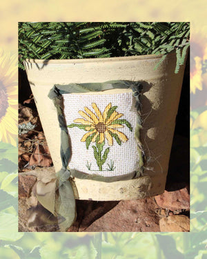 Yellow Sunflower Cross Stitch Pattern digital download PDF with vase pattern directions for sale in the Antique Flowers Cross-Stitch Pattern at Raspberry Lane Crafts by Wendy Christine American Artist made and designed in U.S.A. by a patriot