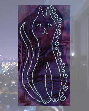 Raspberry Lane Crafts Tall Cat Embroidery Pattern PDF Download for sale buy purchase features a tall skinny cat with pointy ears and tail with curls up the side.  Design by Wendy Christine.  One of three cat designs in the Kitty Bazaar Embroidery Pattern.