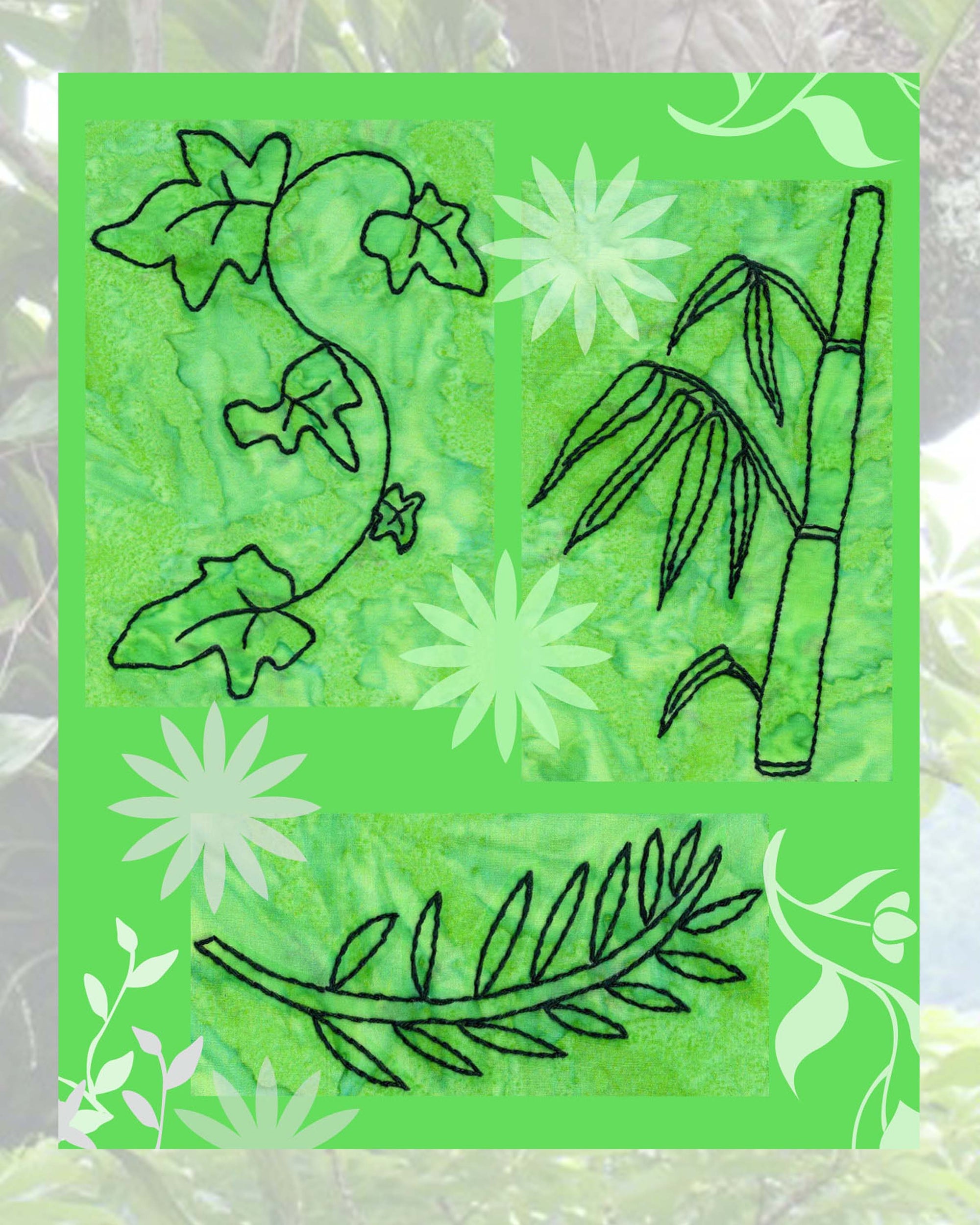 Embroidery pattern of ivy leaves, bamboo shoots, and fern with leaves download PDF digital file by Wendy Christine at Raspberry Lane Crafts.  Three patterns for towels or other crazy quilting.  Thanks for your purchase.  Not available on etsy.com amazon.com or facebook.com