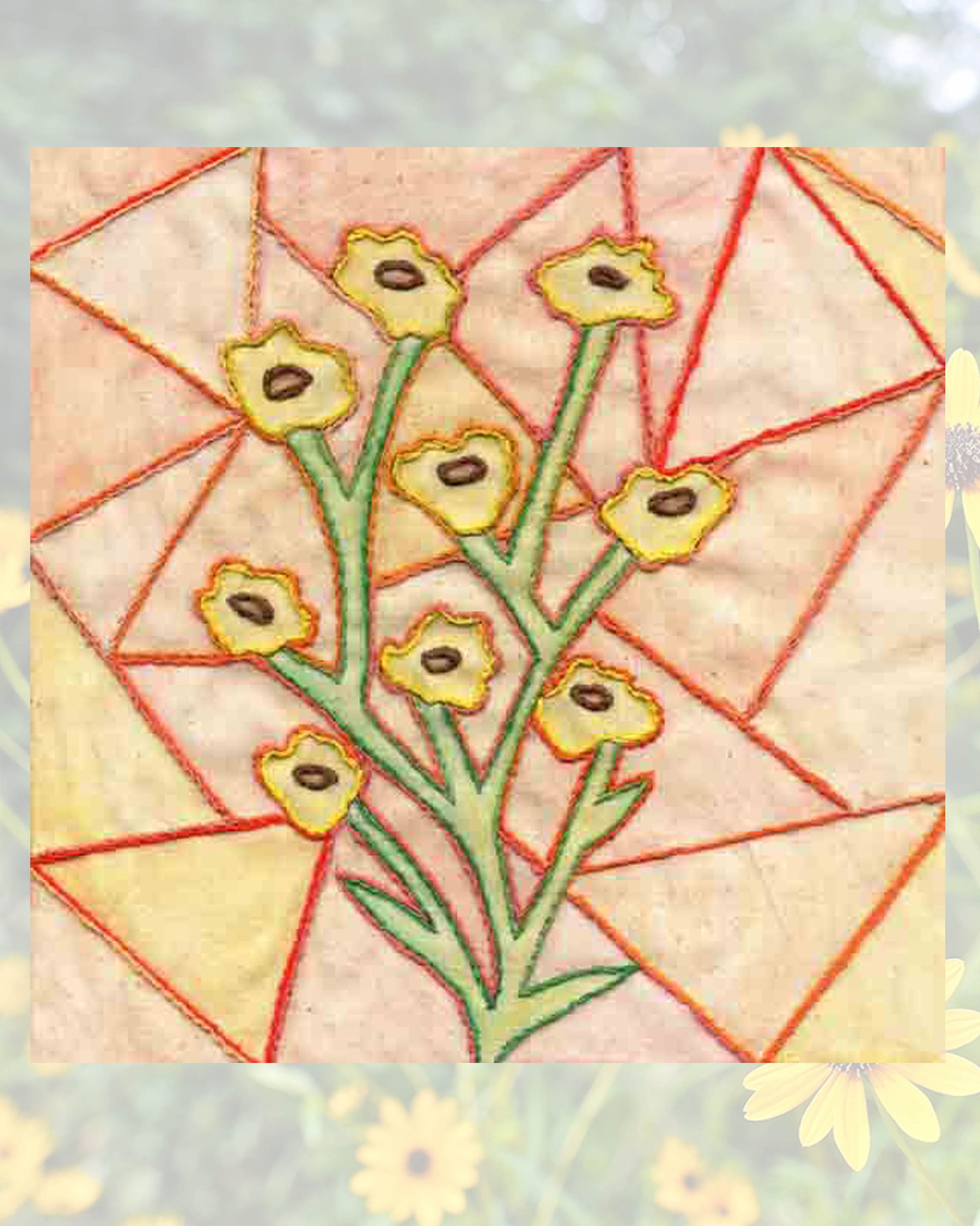 Raspberry Lane Crafts Yellow wildflowers with brown centers and green stems and leaves on stained glass embroidery pattern PDF download for sale buy purchase.  Designed by Wendy Christine.