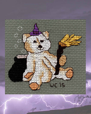 Halloween Teddy Bear Cross Stitch Pattern with Witch hat and broom and black cauldron with bubbles by American designer Wendy Christine at Raspberry Lane Crafts www.raspberrylanecrafts.com for sale buy purchase no shipping cost digital PDF download etsy