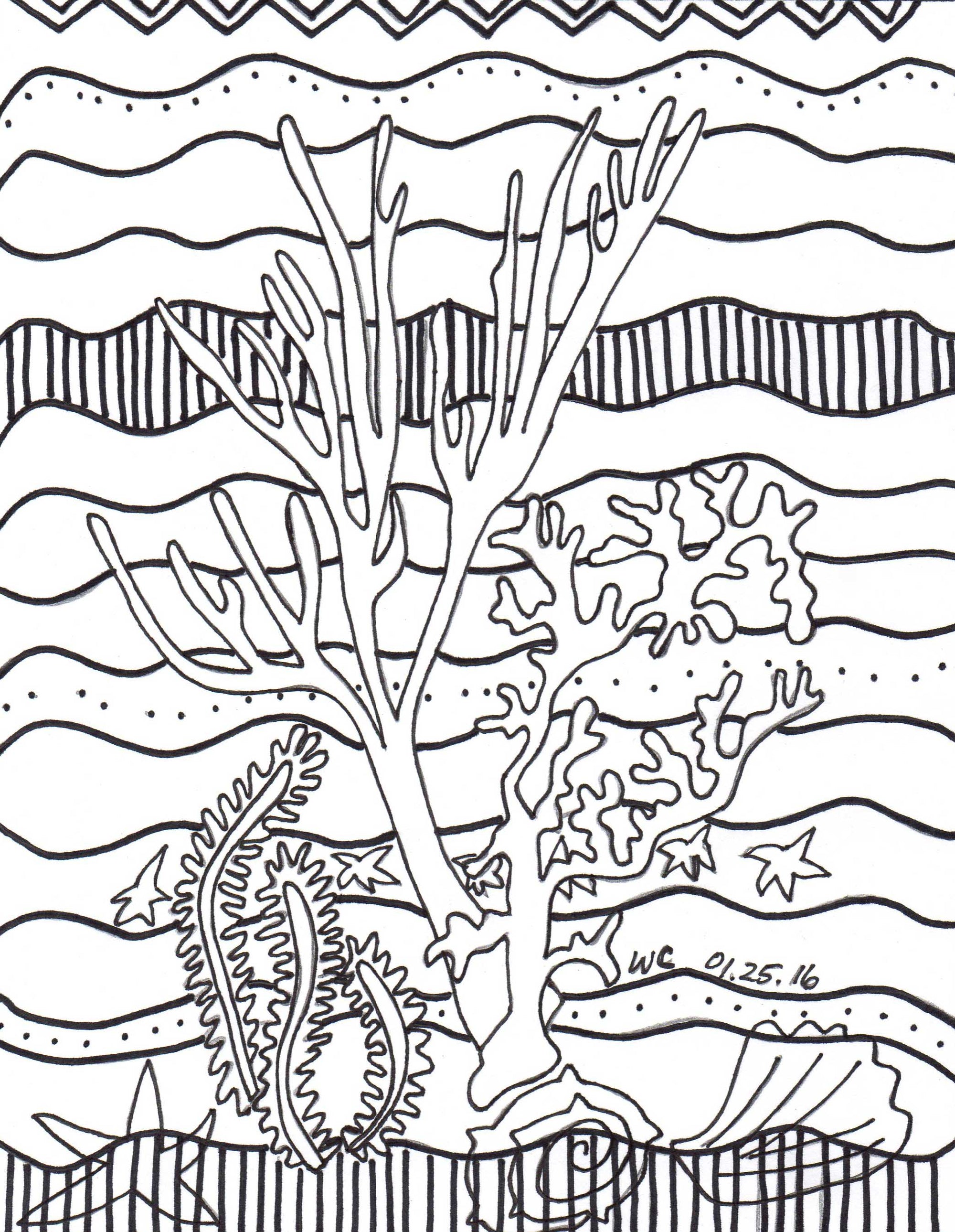 The Art of Wendy Christine Coloring Page Coral Island features black and white outlines to color of three different corals shells and a starfish on a decorated background.  So fun to color.  Be artistic and choose your own color scheme.  Purchase this in the PDF Download book The Art of Wendy Christine Coloring Book at Raspberry Lane Crafts www.raspberrylanecrafts.com  Thank you for your purchase!