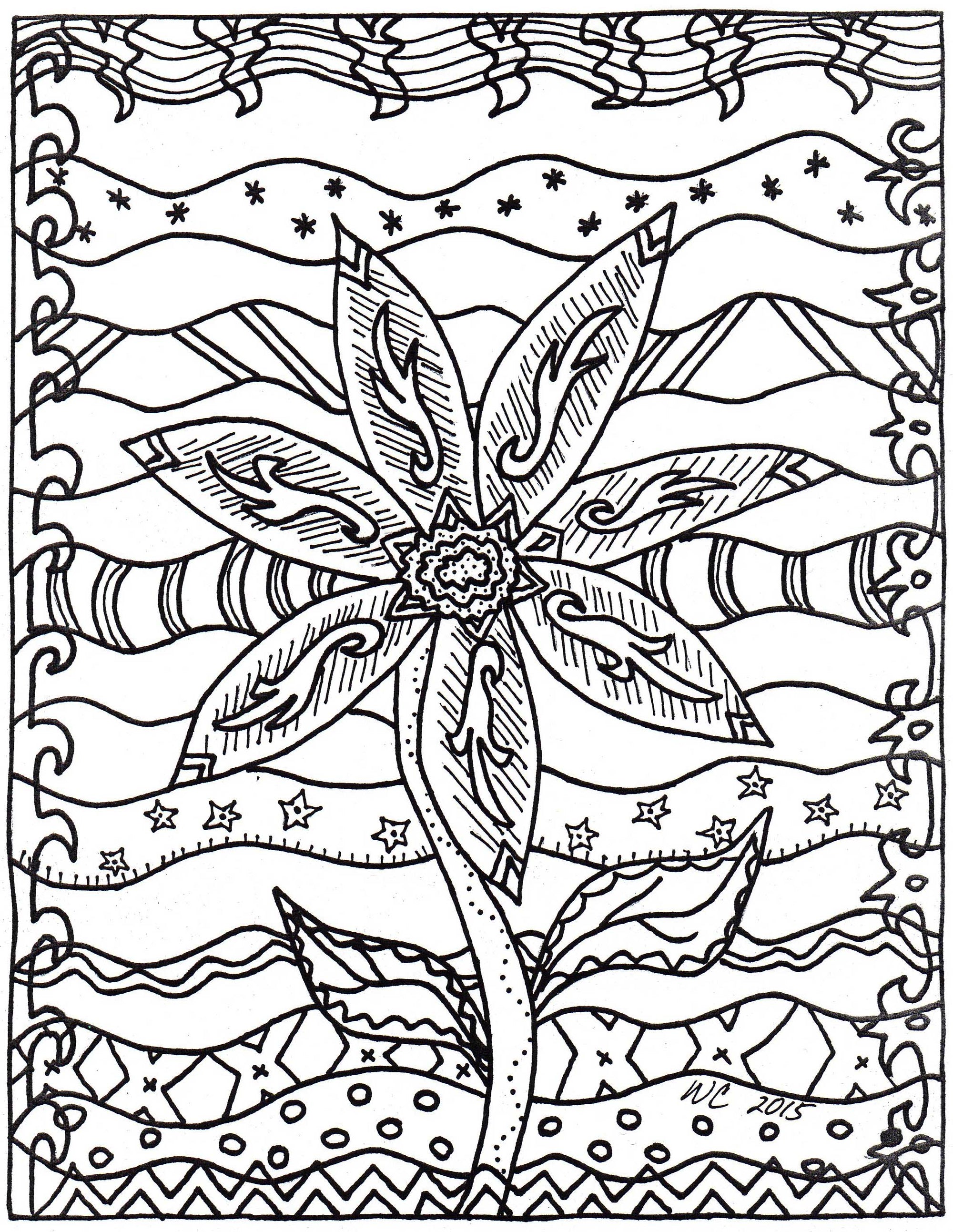 The Art of Wendy Christine Coloring Page Liberty features black and white outlines of a sunflower with stem and leaves on a decorated background.  Fun to color.  From The Art of Wendy Christine Coloring Book PDF Download for sale at Raspberry Lane Crafts www.raspberrylanecrafts.com