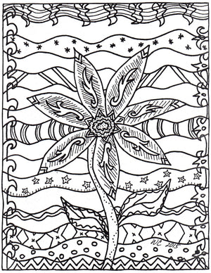 The Art of Wendy Christine Coloring Page Liberty features black and white outlines of a sunflower with stem and leaves on a decorated background.  Fun to color.  From The Art of Wendy Christine Coloring Book PDF Download for sale at Raspberry Lane Crafts www.raspberrylanecrafts.com