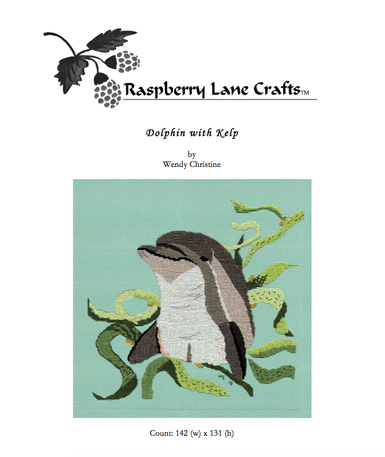 Gray bottlenose dolphin poking out of the water with green kelp algae cross stitch pattern download PDF digital file for sale buy purchase by American designer Wendy Christine at Raspberry Lane Crafts www.raspberrylanecrafts.com