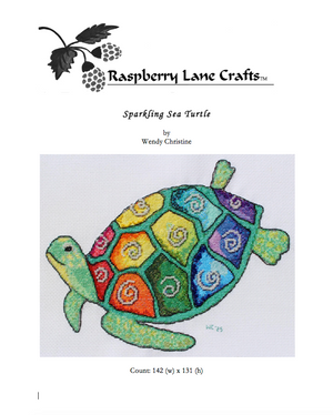 Raspberry Lane Crafts Sparkling Sea Turtle Cross Stitch Pattern Download PDF front page features the colorful sea turtle with beads, count designed by Wendy Christine company owner and American designer of quilts cross-stitch and embroidery patterns.