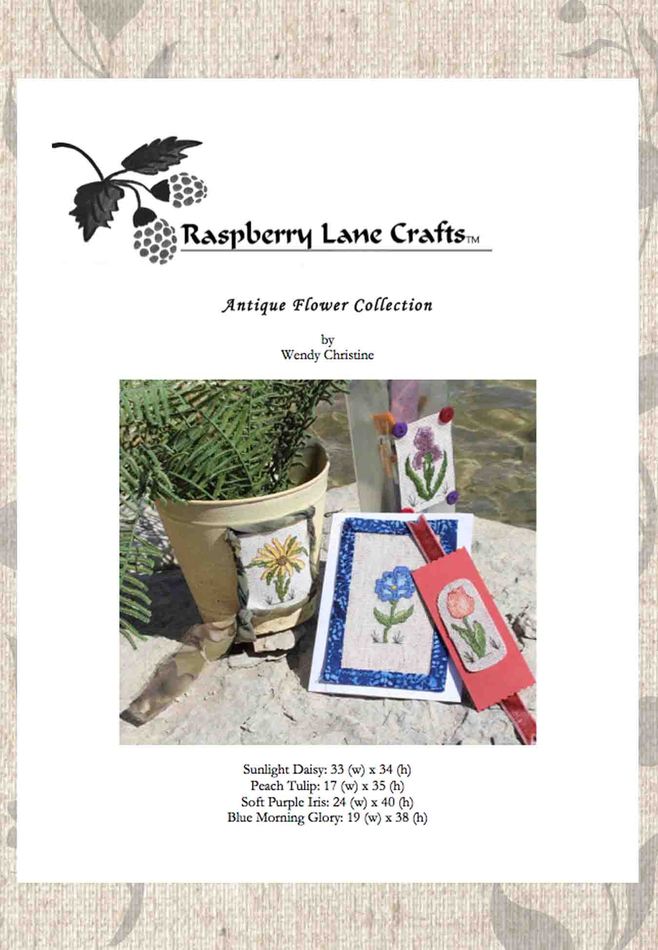Four flower cross stitch patterns including yellow Sunflower, purple Iris, blue Morning Glory, Peach Tulip are featured in Antique Flower Collection Cross-Stitch Pattern download PDF digital file for sale buy purchase at Raspberry Lane Crafts by American artist Wendy Christine.  Thanks for supporting a small business!  Made in U.S.A.