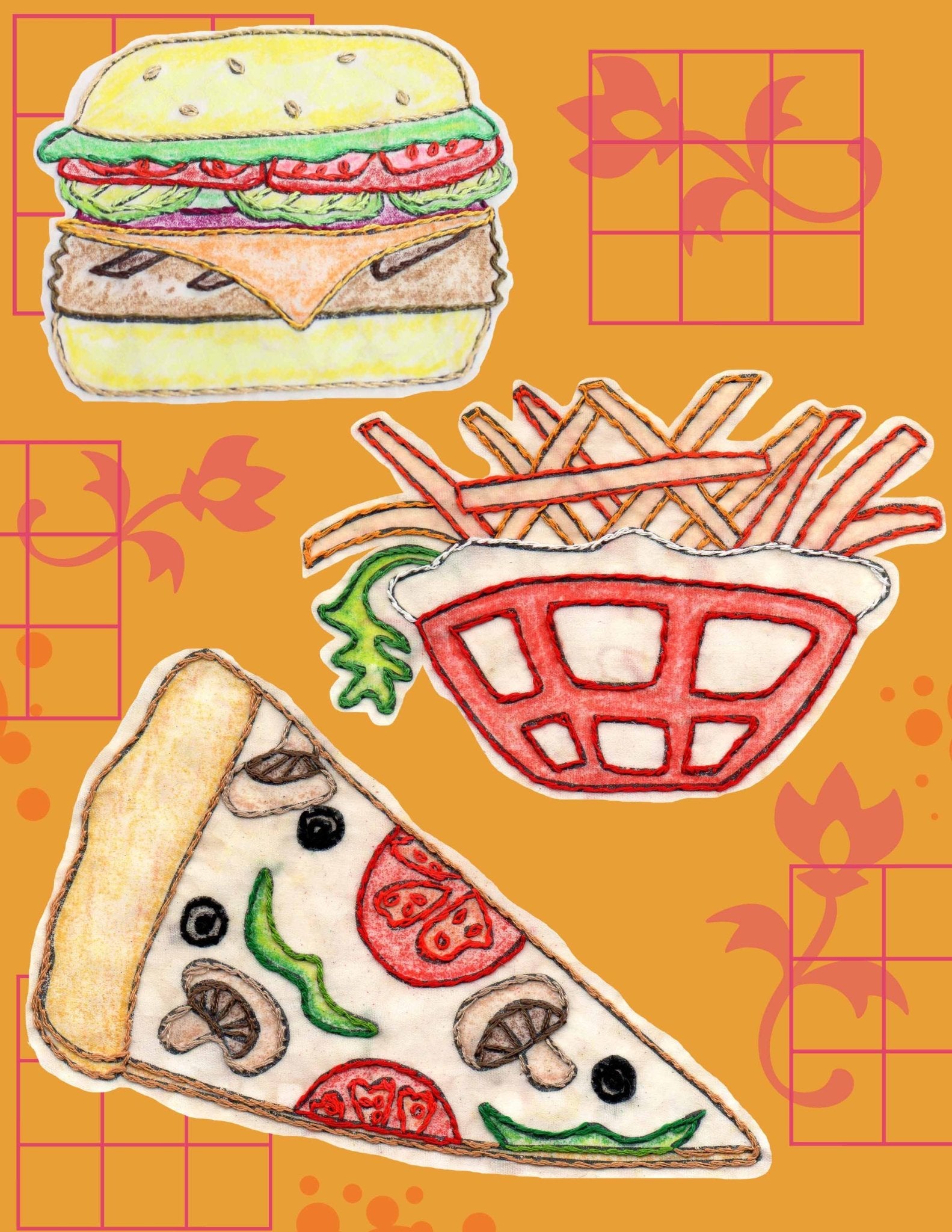Burgers, Fries and Pizza Embroidery Pattern Download - Raspberry Lane Crafts