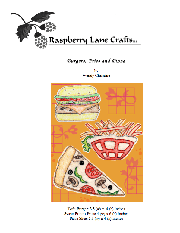 Embroidery Pattern for hamburger, french fries, and pizza digital download PDF for sale at Raspberry Lane Crafts