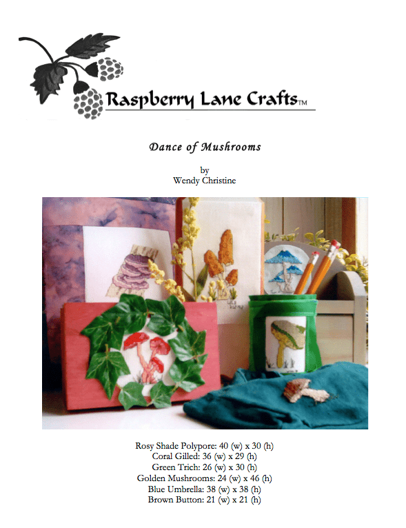 Dance of Mushrooms Collection Cross Stitch Pattern features six colorful mushrooms and projects including green mushroom pencil can, golden mushroom plaque, red mushroom recipe box, purple mushroom pillow, blue mushroom shelf and brown mushroom bag.  Buy this pattern at Raspberry Lane Crafts.  PDF digital pattern download available for immediate delivery to your email box after purchase.  Thank you  for supporting us!