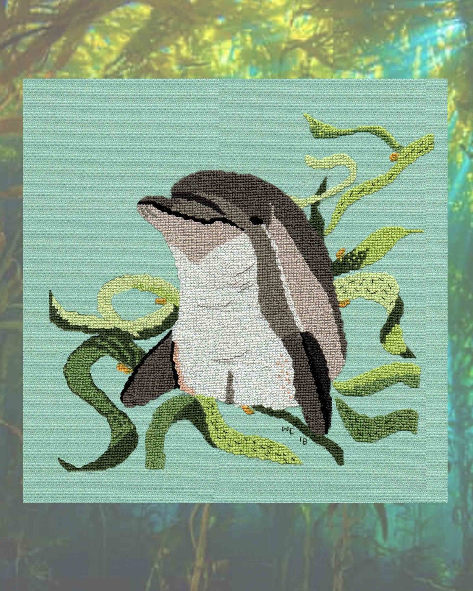Gray bottlenose dolphin poking out of the water with green kelp algae cross stitch pattern download PDF digital file for sale buy purchase by American designer Wendy Christine at Raspberry Lane Crafts www.raspberrylanecrafts.com