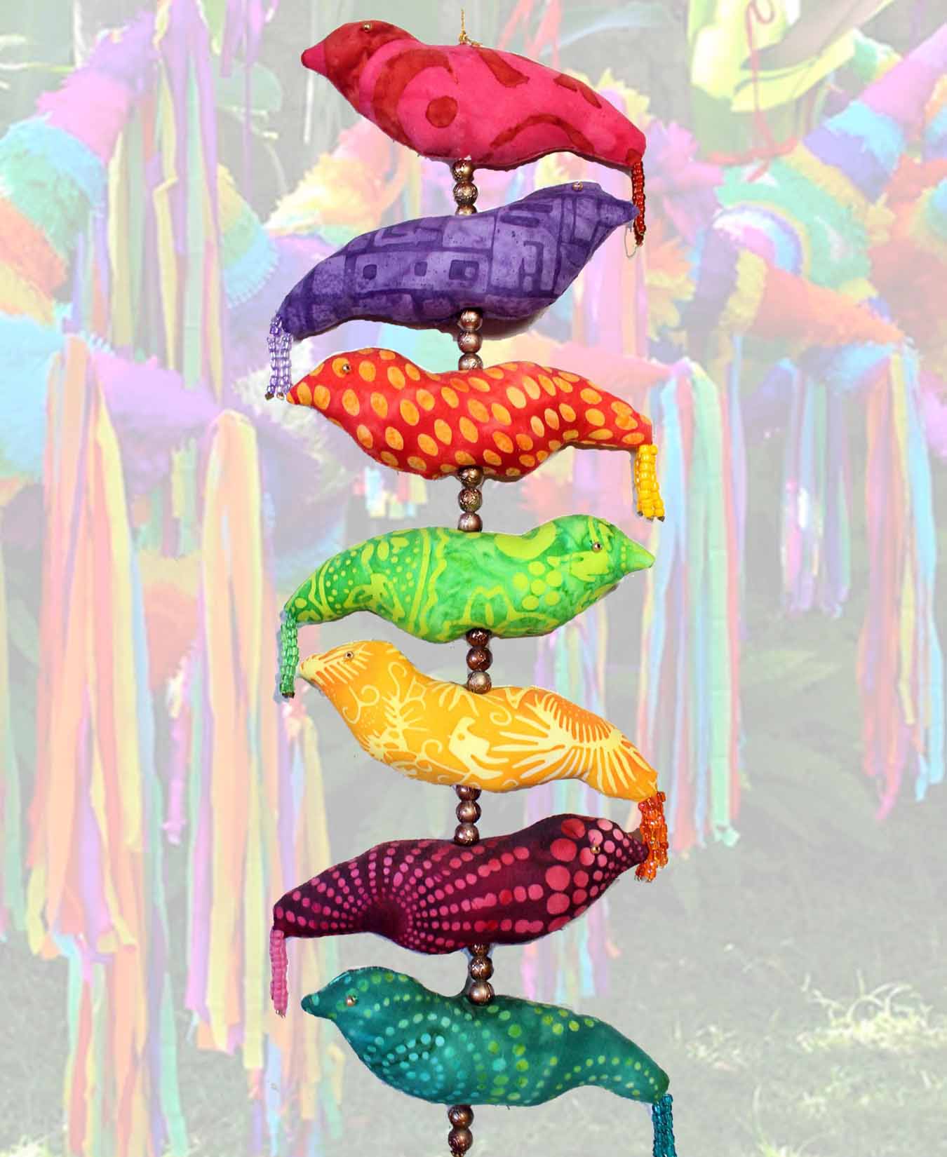 Southwest Mexican Art Ceiling Fan Pull Colorful Stuffed Birds with beaded tails and beads between sewing pattern Fiesta Birds quilting pattern for sale buy purchase download PDF digital file at Raspberry Lane Crafts www.raspberrylanecrafts.com by American artist Wendy Christine.  Thank you for buying our original patterns for sale no where else like facebook.com etsy.com amazon.com.  Made in the U.S.A. US