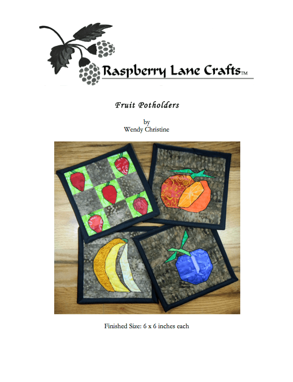 Fruit Potholders Sewing Pattern features four designs yellow bananas, oranges, purple plum and strawberries on brown spotted fabric.  For sale buy purchase at Raspberry Lane Crafts.  Digital PDF Download.  No shipping cost.