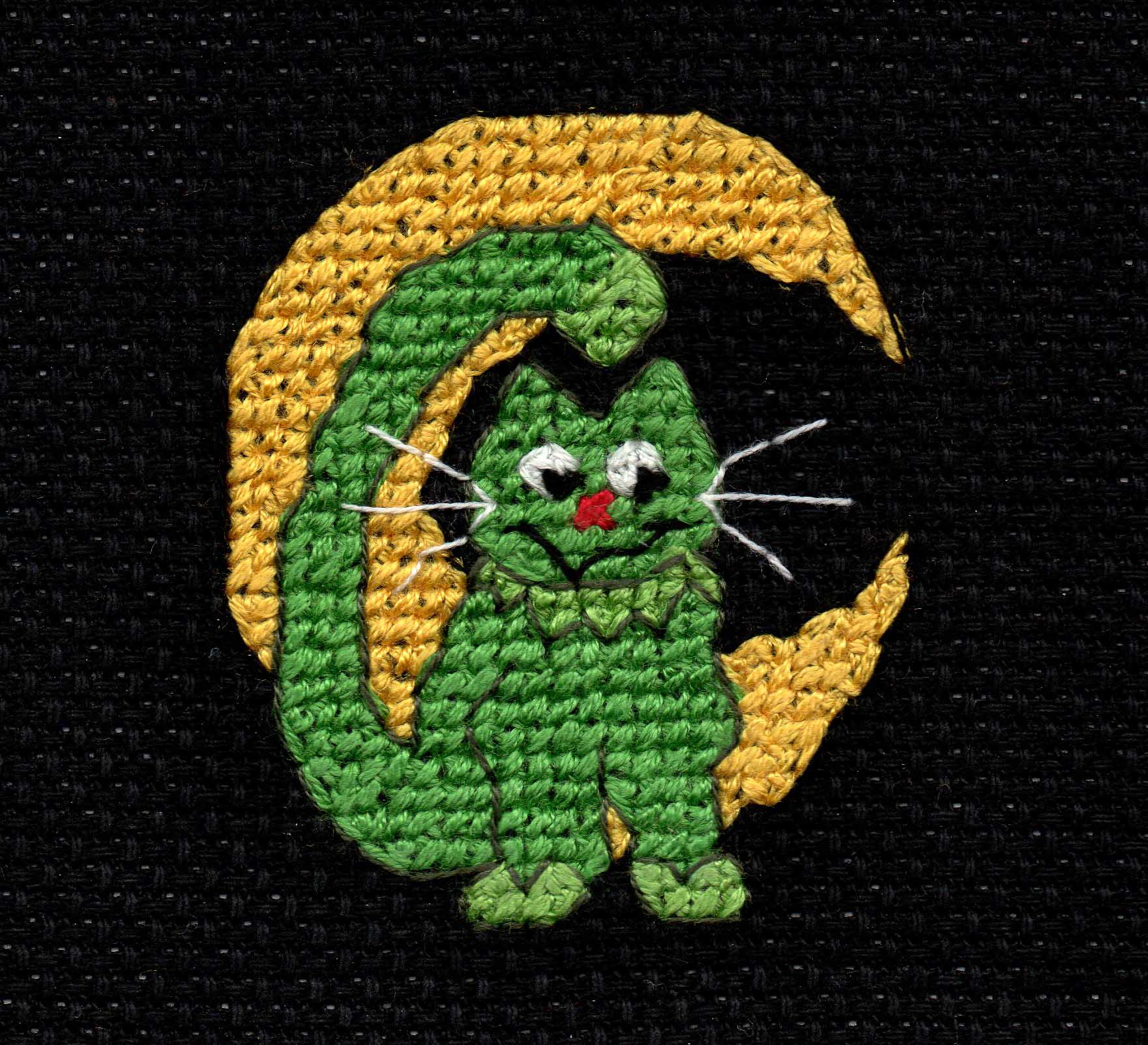 Halloween Night Cross Stitch Pattern Download - Raspberry Lane Crafts Green Halloween Cat with Crescent Moon for sale download PDF 